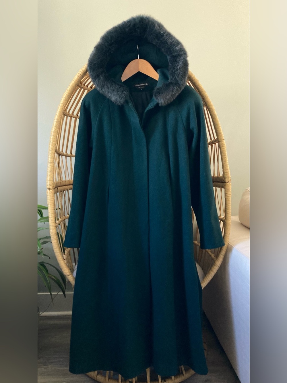 Vintage Donnybrook 100% Wool Teal Rabbit Fur Hooded Long Winter Coat - Picture 5 of 14